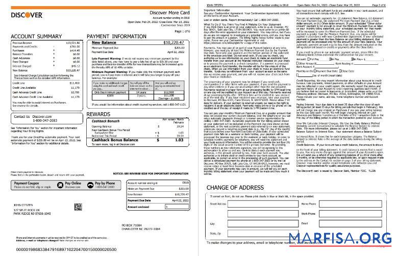 Downloadable USA Discover credit card statement word 6 pages download for verification